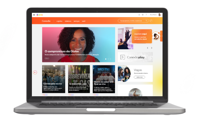 Notebook com exemplo de tela do Digital Workplace personalizado para a empresa globo.