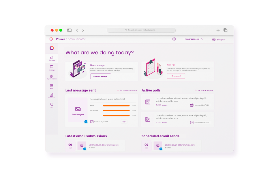 What are we doing today? New message -- New Poll -- Last message sent -- Active polls -- Latest email submissions -- Scheduled email sends
